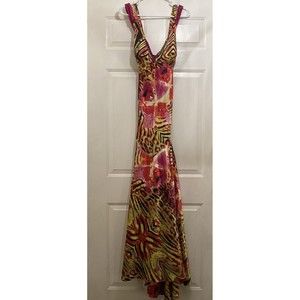NIKI By Niki Livas Dress Long Fun Floral Print Animal Exotic And Colorful Sz 14